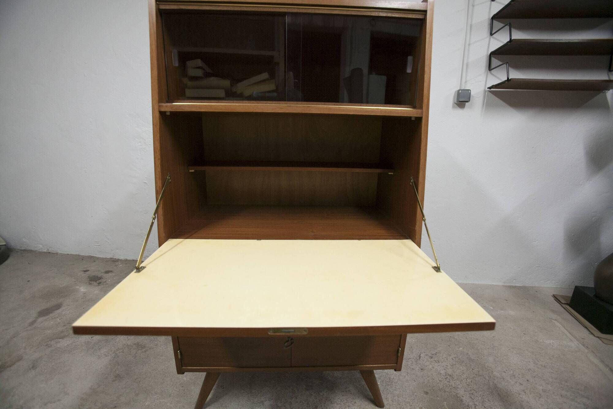1960 Scandinavian secretary with teak compass feet and pastel yellow top