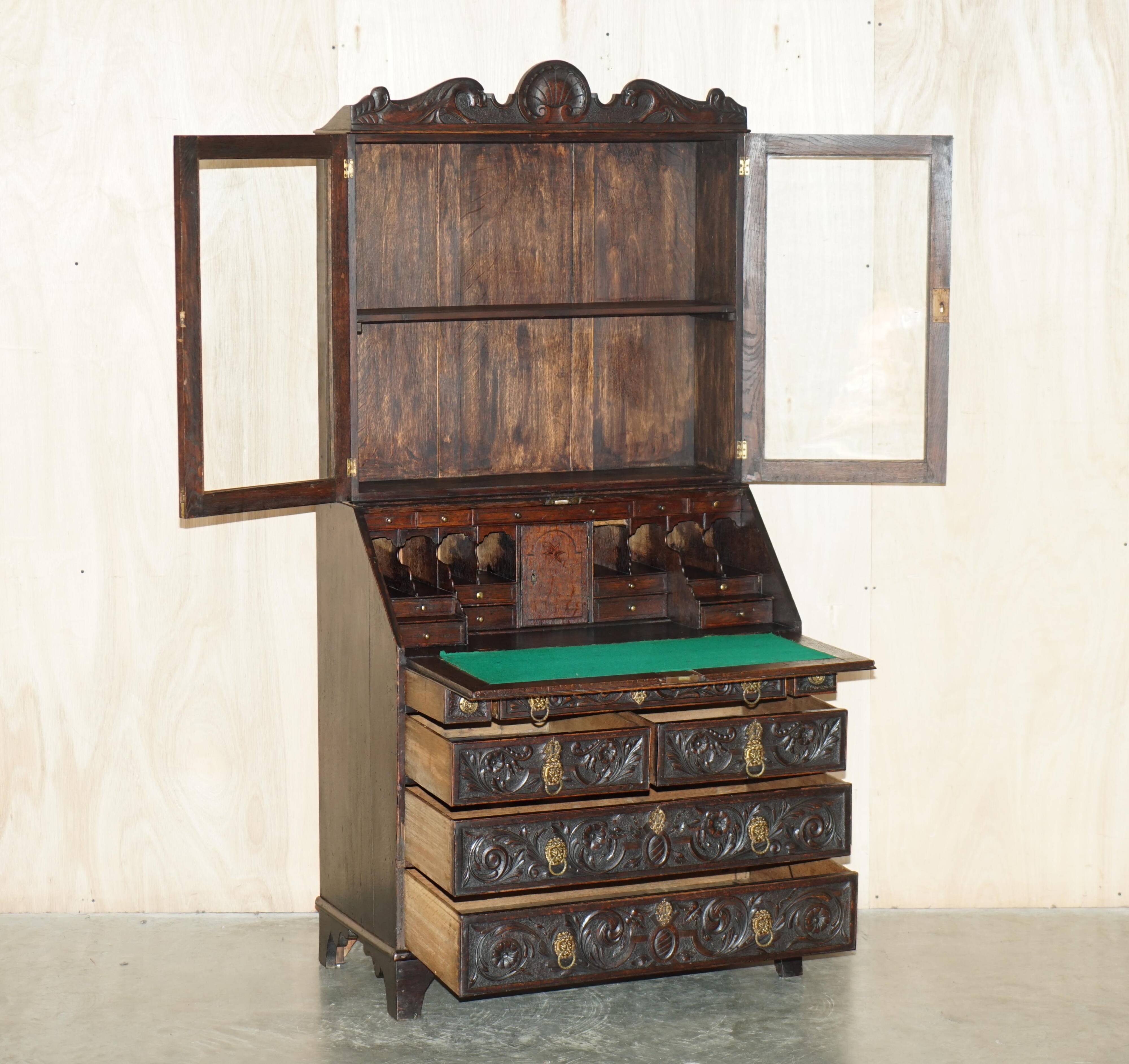 Library Desk in Carved Oak with Brass Handles