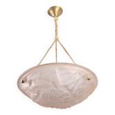 Art Deco pendant lamp in pink glass by Degué with floral motif, 1930s