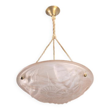 Art Deco pendant lamp in pink glass by Degué with floral motif, 1930s