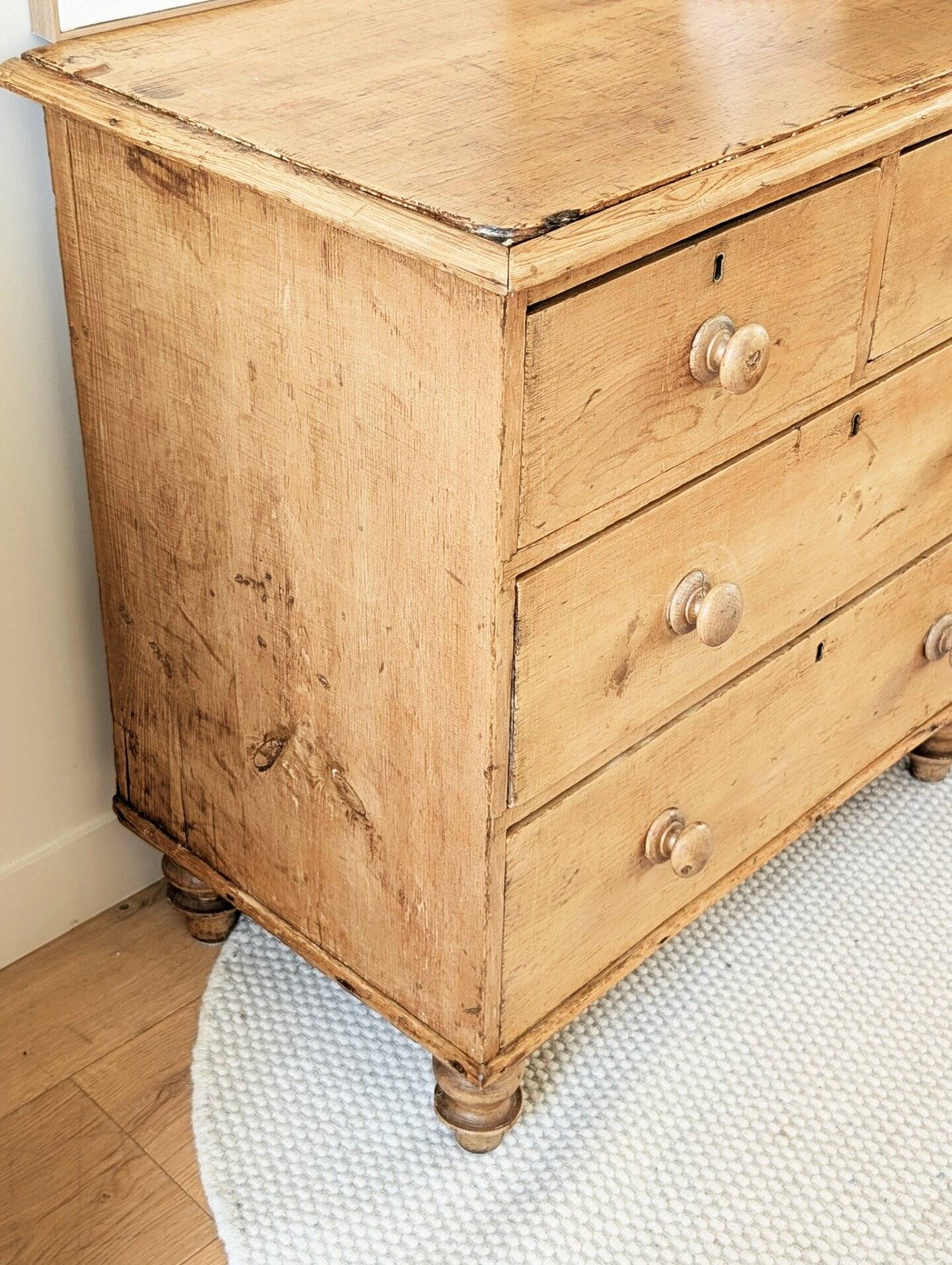 Renovated antique English solid pine chest of drawers.
