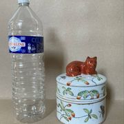 Covered pot in IMARI earthenware, hand-painted decoration, flowers, butterflies, and cat.