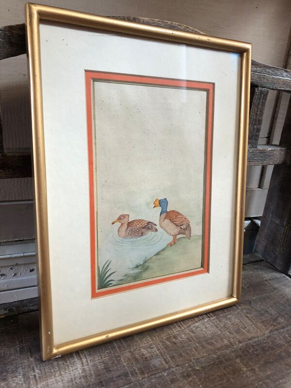Ancien tableau dessin aquarelle vue canards + cadre doré vintage