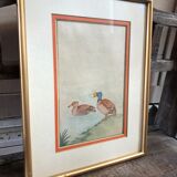 Old painting drawing watercolor duck view + vintage golden frame
