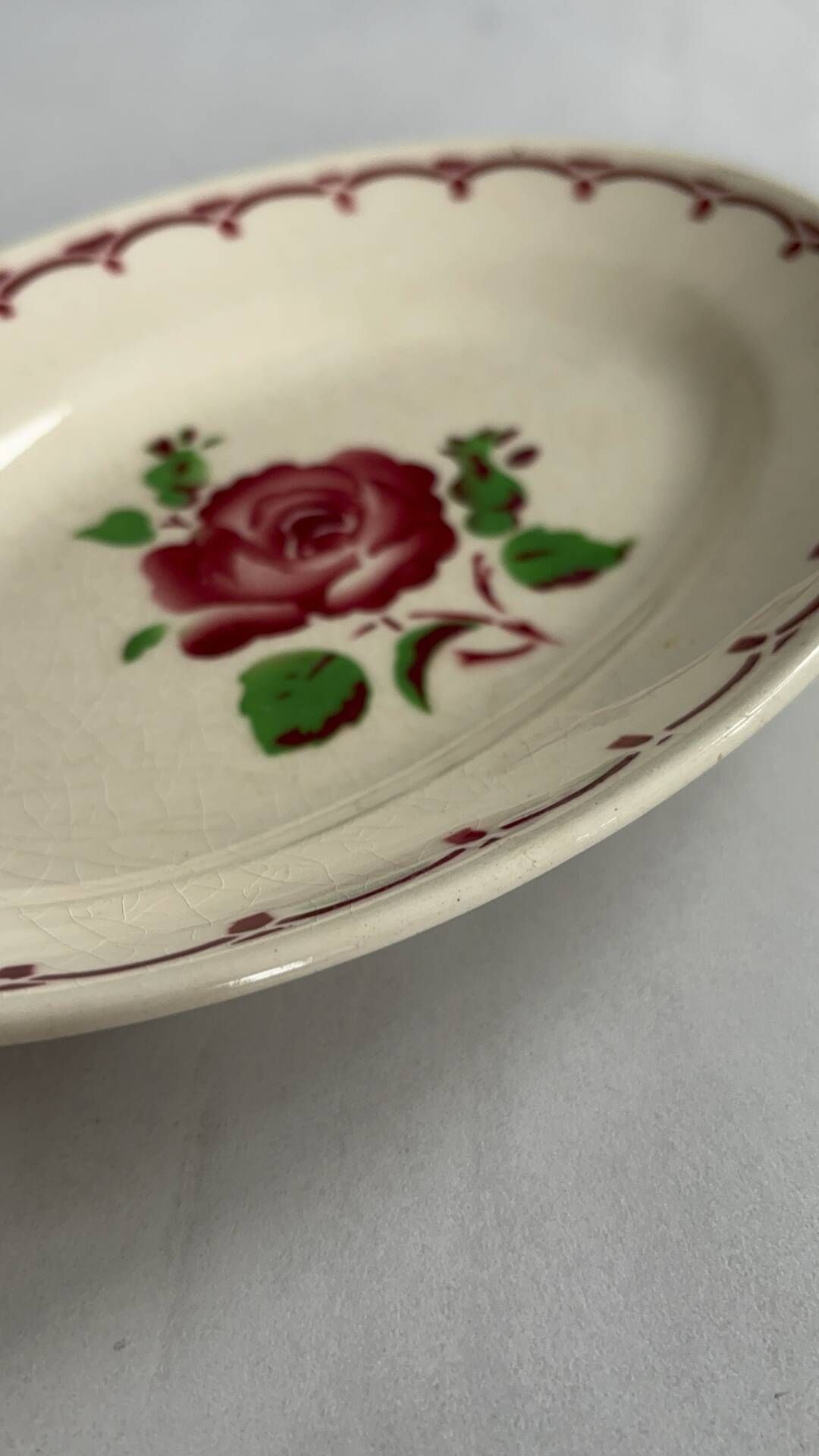 Oval Ravier Badonviller in vintage earthenware, vintage pink red dish.