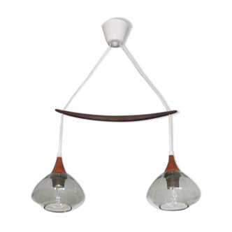 Scandinavian boomerang chandelier in teak and glass