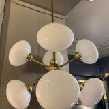 Chandelier pendant lamp design sputnik in golden brass, 8 globes balls opaline glass, ca 1970s