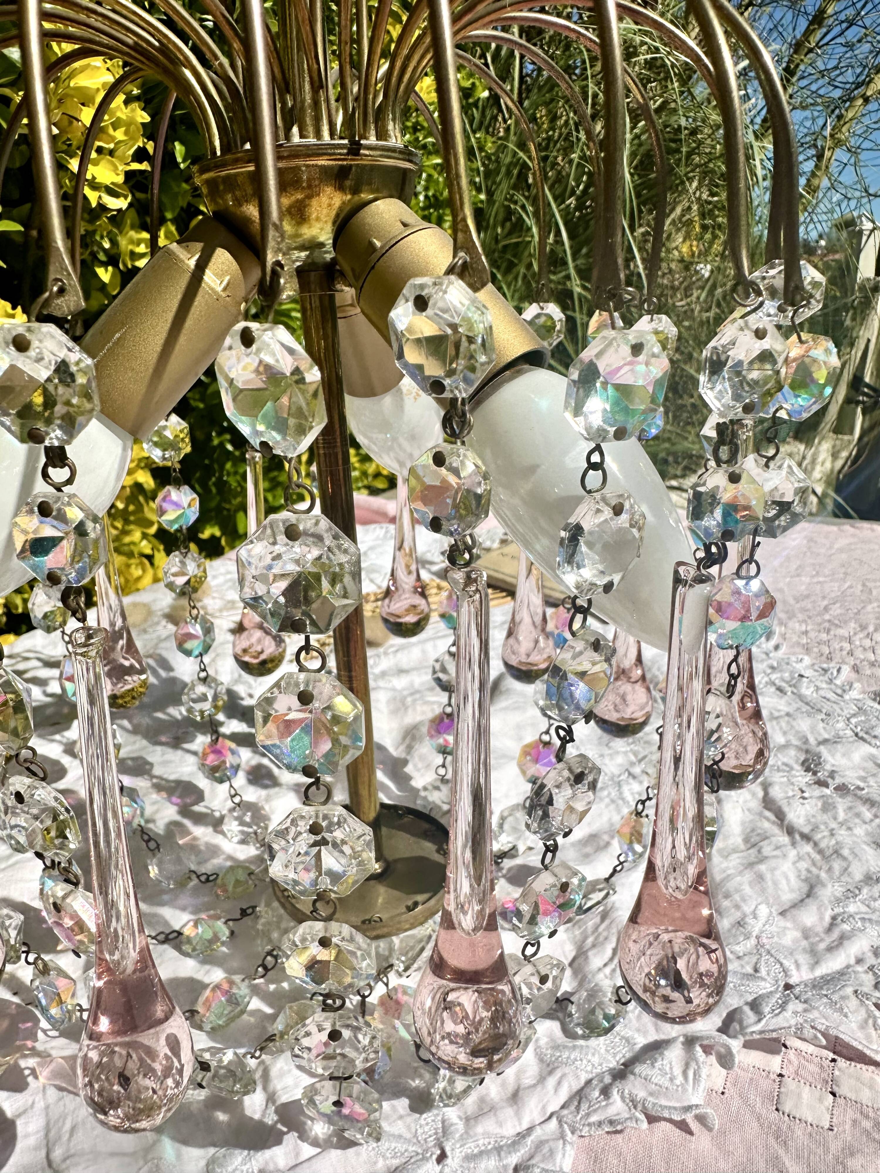 Magnificent Cascade Chandelier in Brass & Crystal Glass 1970s Vintage