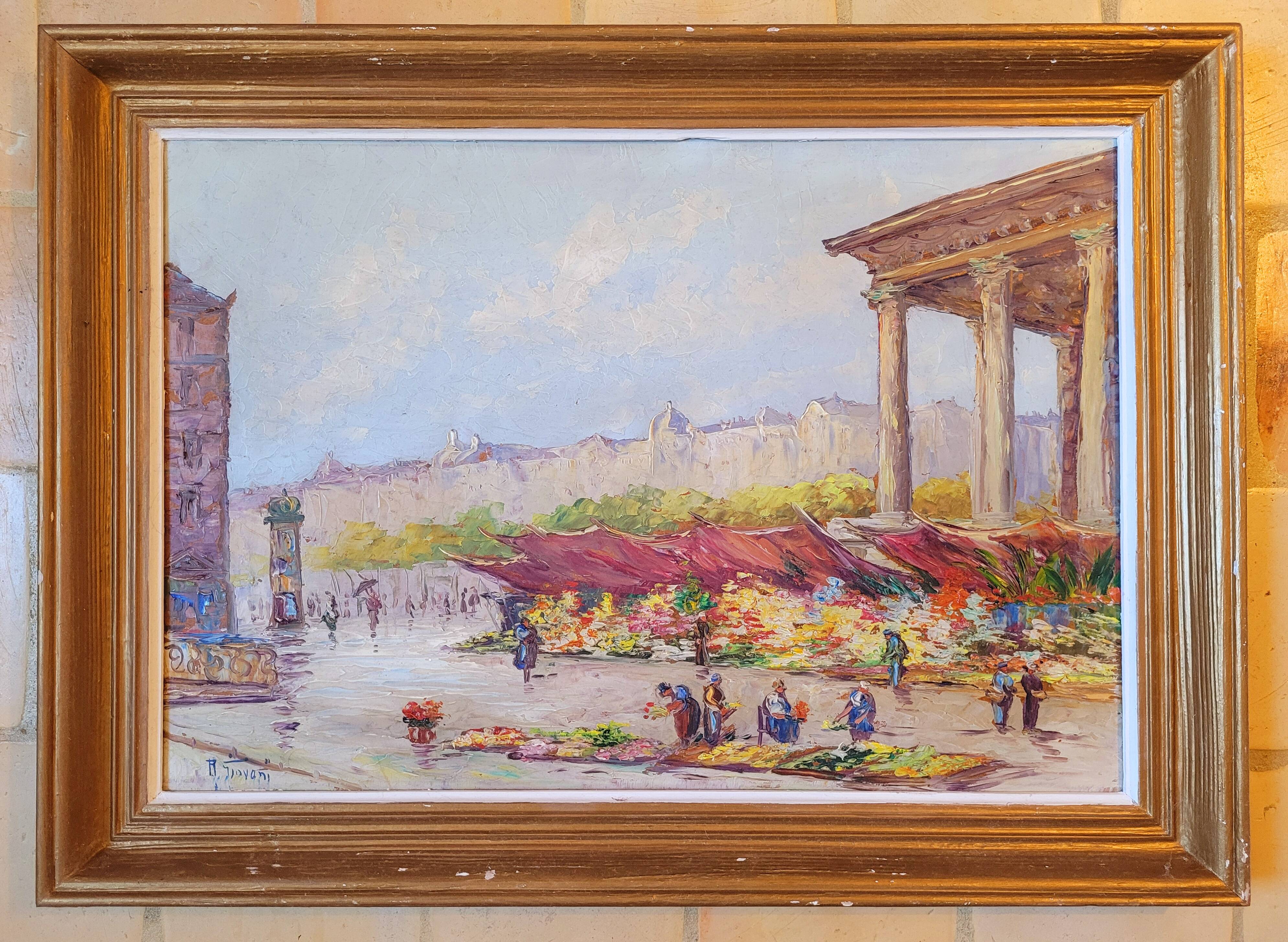 Painting from the 1940s The Flower Market signed Robert Giovani