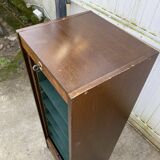 1970 oak office storage cabinet with curtains.