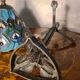 antique wrought iron floor lamp, 1900 to 1940 with stained glass lampshade