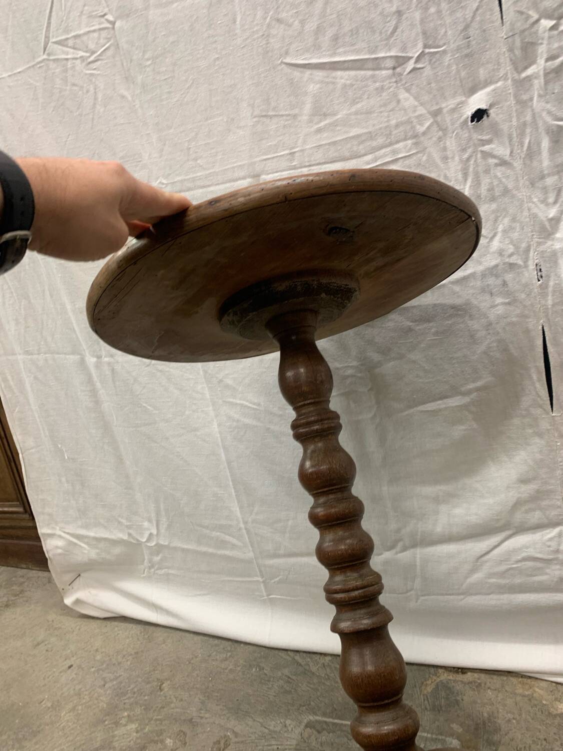 Antique pedestal table, Brutalist, wood, turned