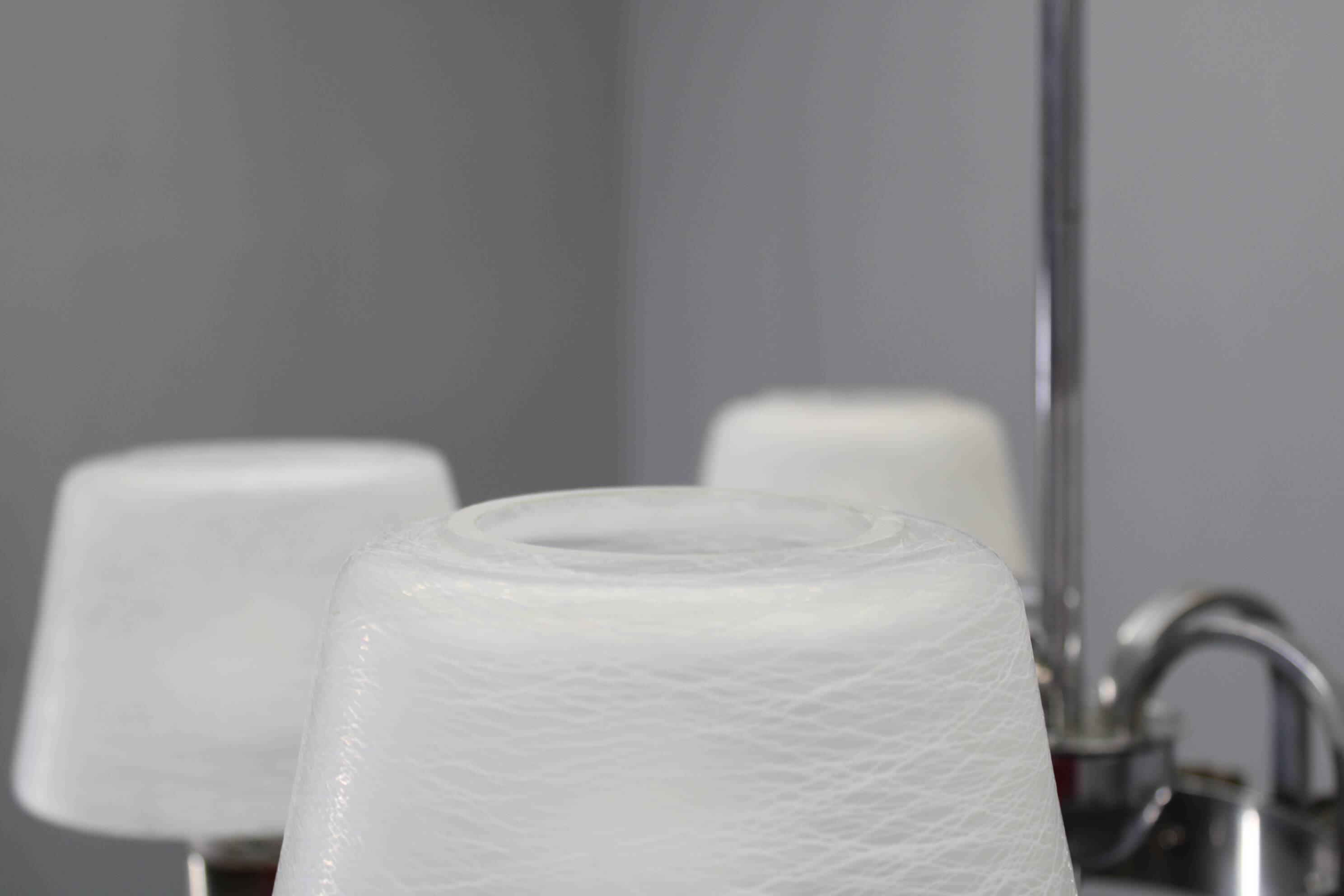 Art Deco nickel chandelier with textured glass, Czechoslovakia, 1930s