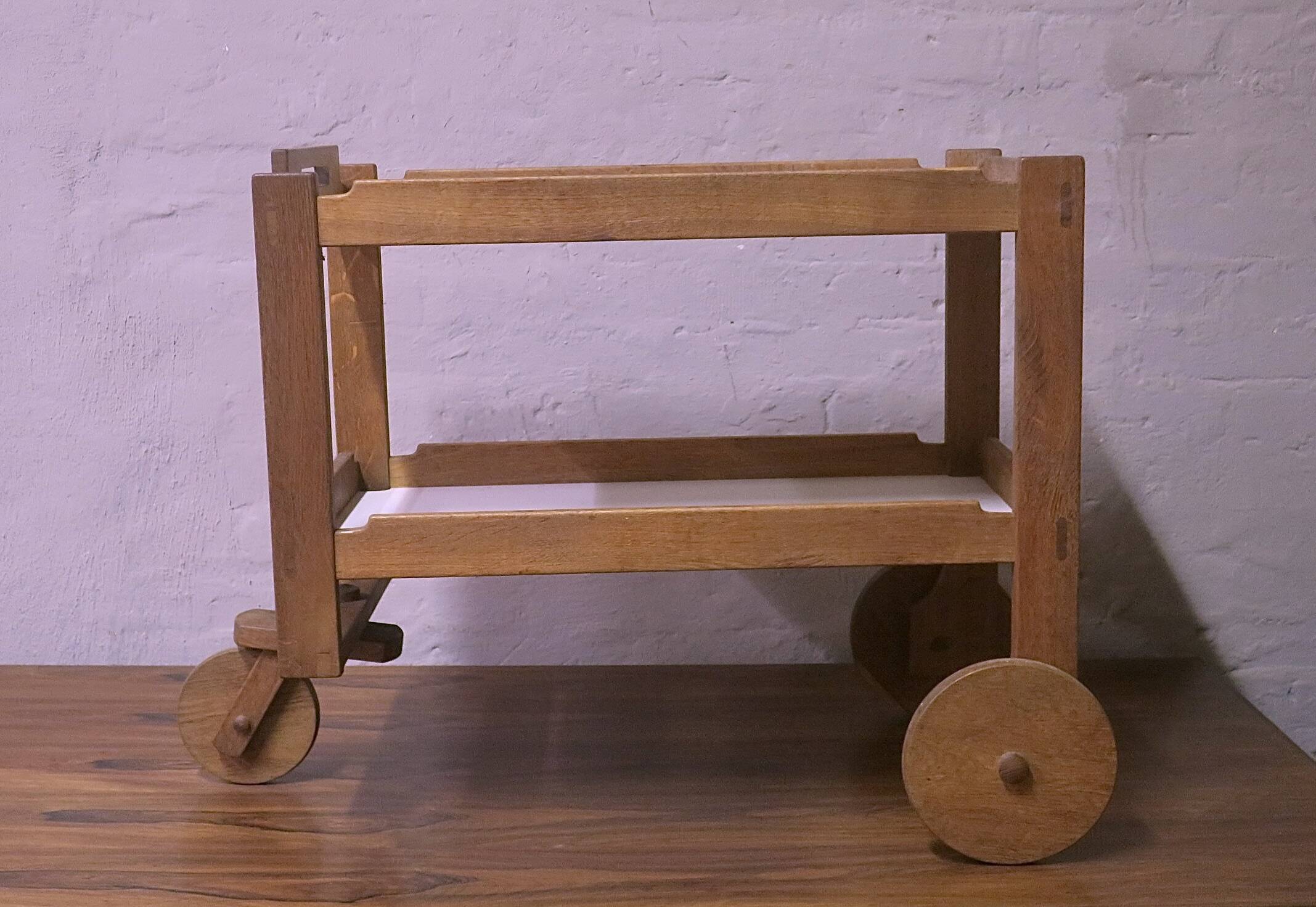 Brutalist Scandinavian bar cart / serving trolley in solid oak, 1950s