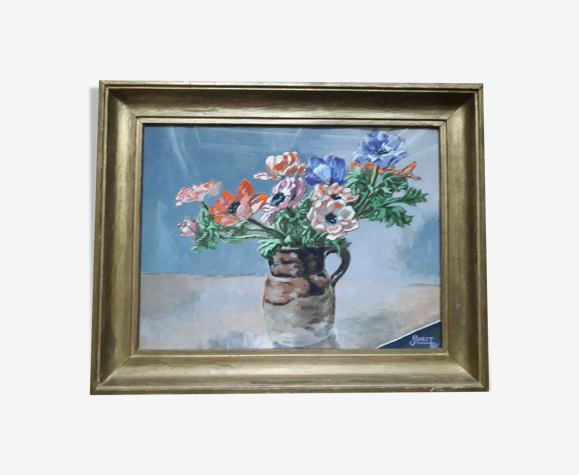 Tableau ancien bouquet d'anémones