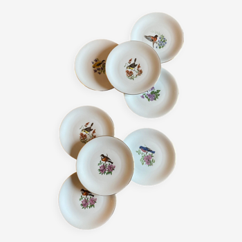 Lot de 8 assiettes à dessert vintage en porcelaine décors d'oiseaux et de fleur