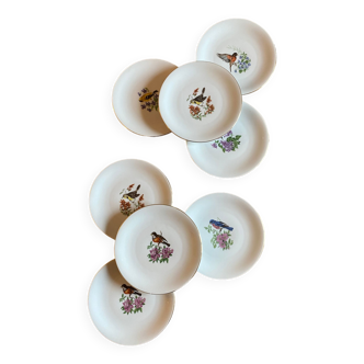 Set of 8 vintage porcelain dessert plates decorated with birds and flowers