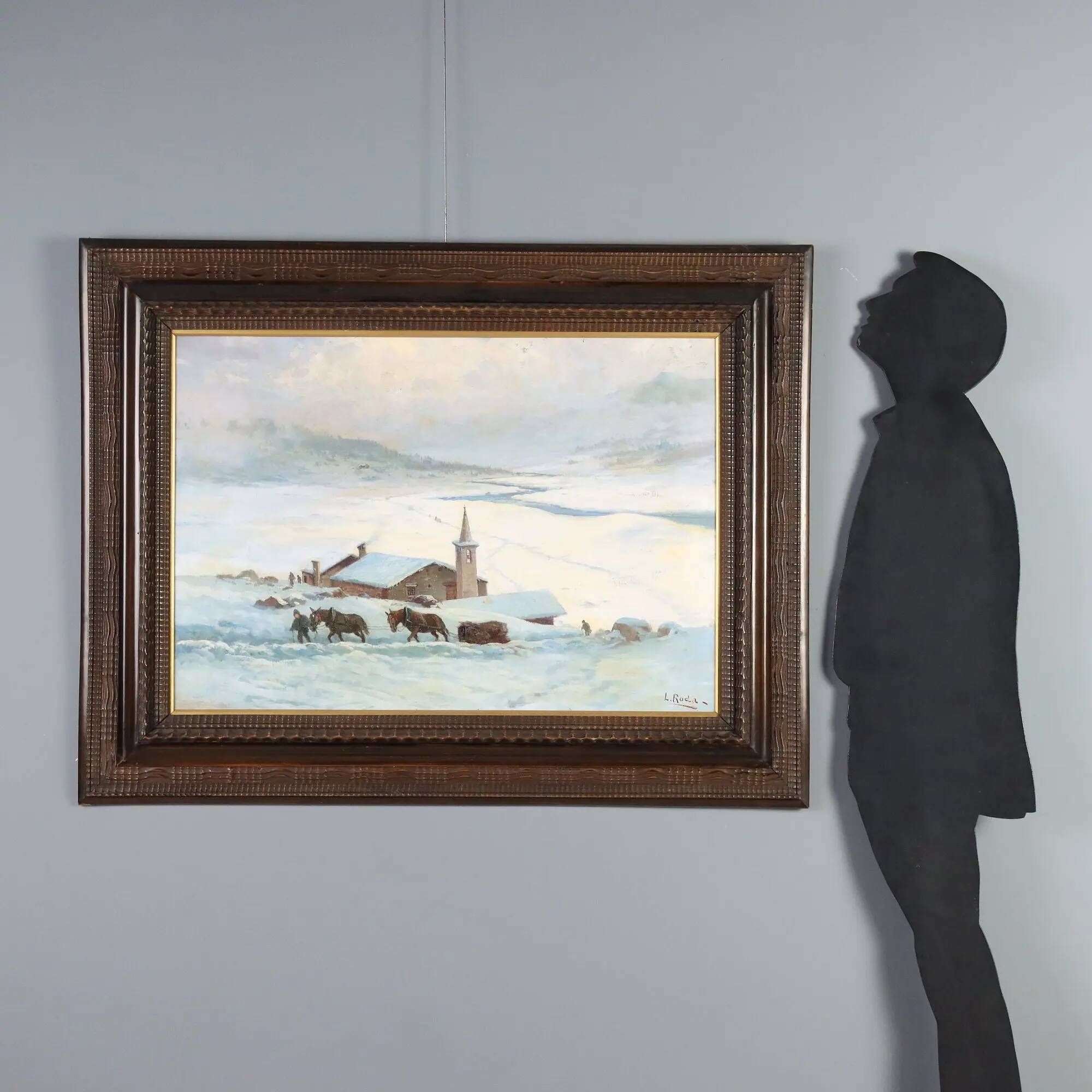 Ancient painting by Leonardo Roda, winter landscape, 19th century.