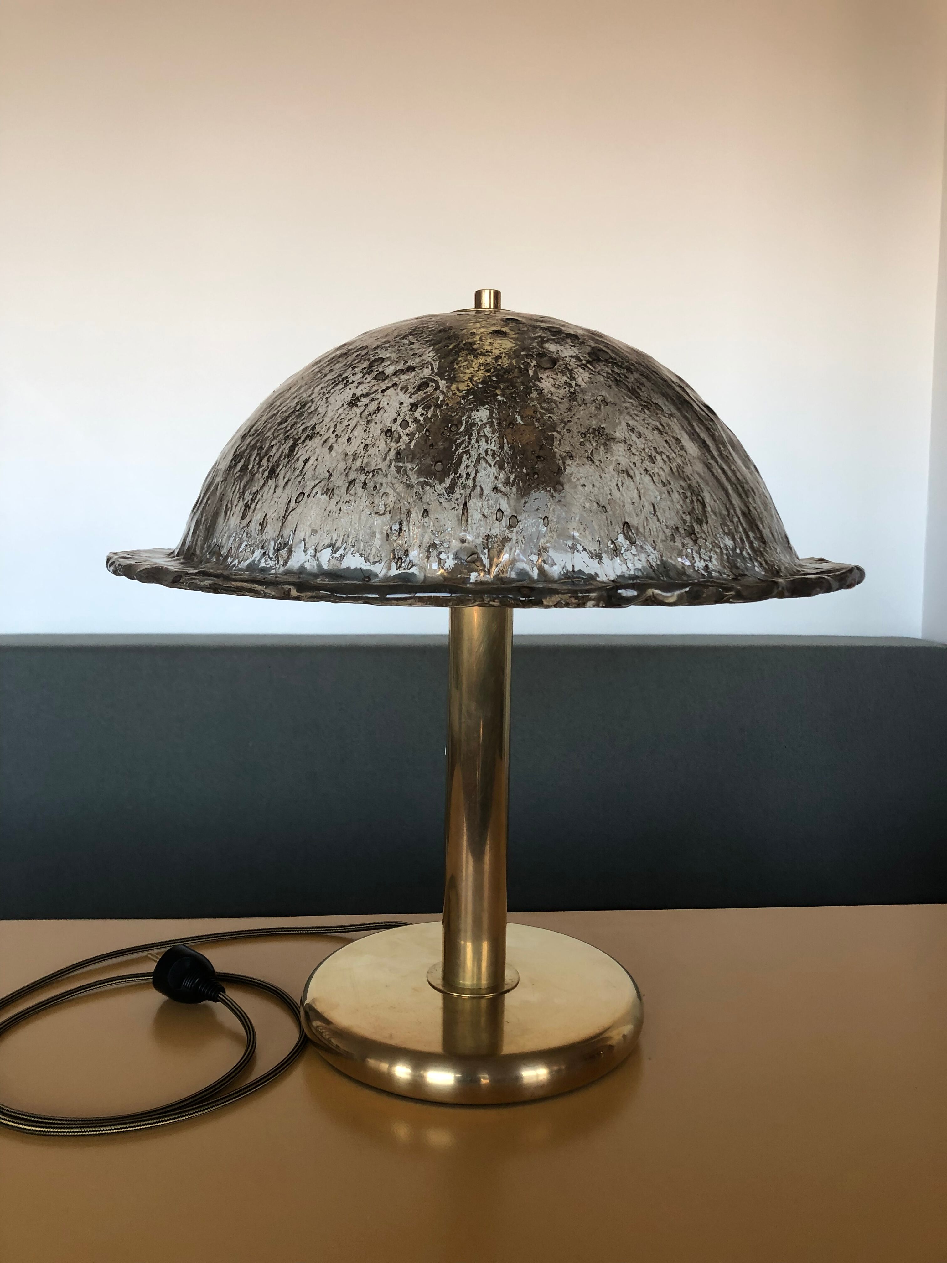 Large antique table lamp in glass and brass