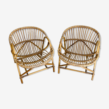 Paire de fauteuils coquille / corbeille en rotin circa 1960/70