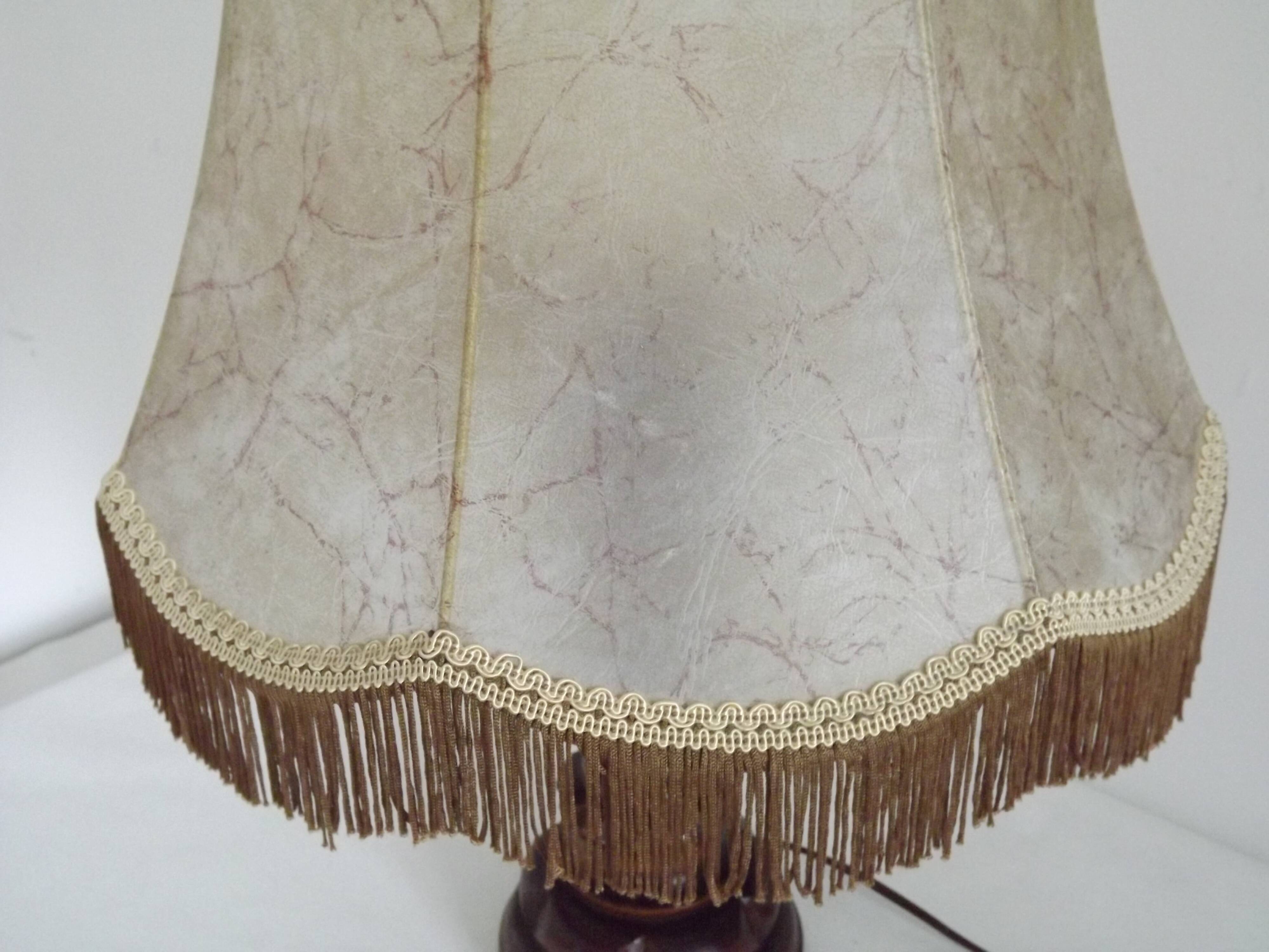 Vintage French Country Table Lamp Carved Turned Wood Base & Hide Skin Shade