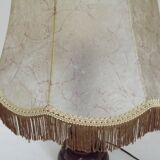 Vintage French Country Table Lamp Carved Turned Wood Base & Hide Skin Shade