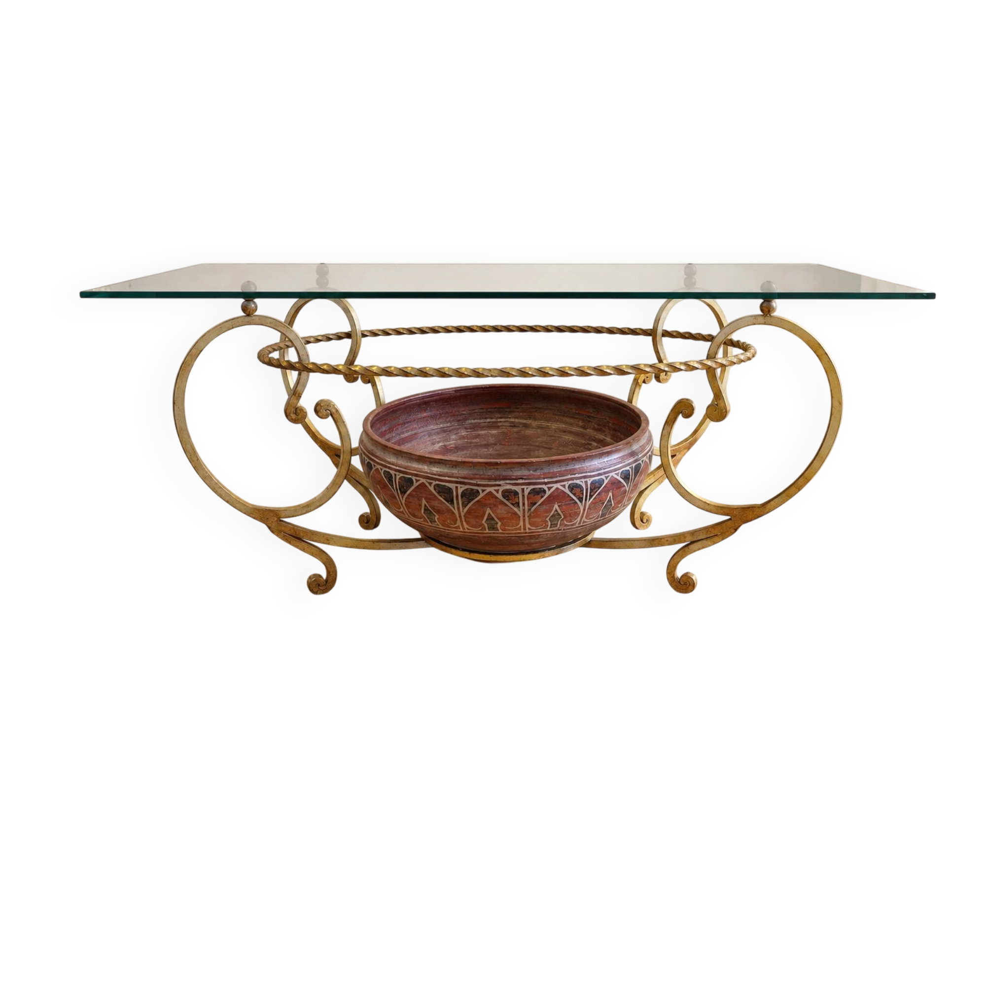 Large sculptural Liberty coffee table in gilded wrought iron and ceramic, JR P