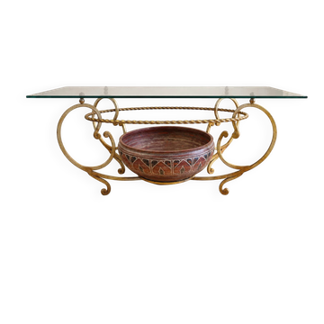 Grande table basse sculpturale Liberty en fer forgé doré et céramique, JR P