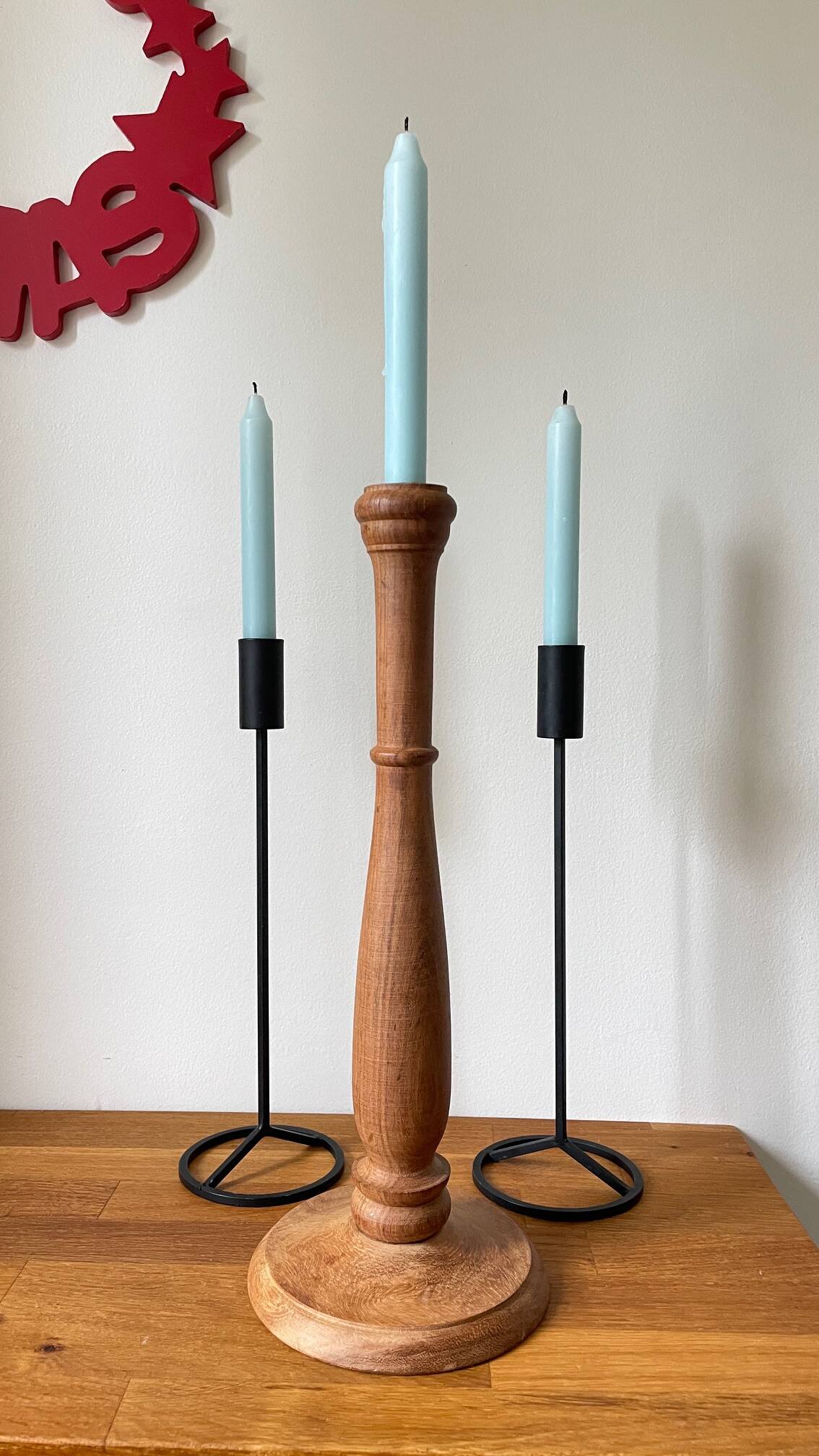 Trio of Vintage Teak and Steel Candlesticks