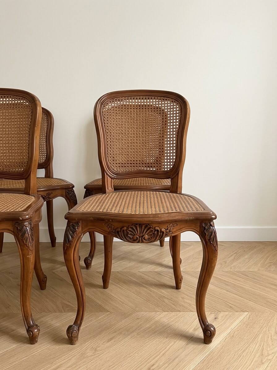 Set of 4 Regency chairs in caned cherry wood.