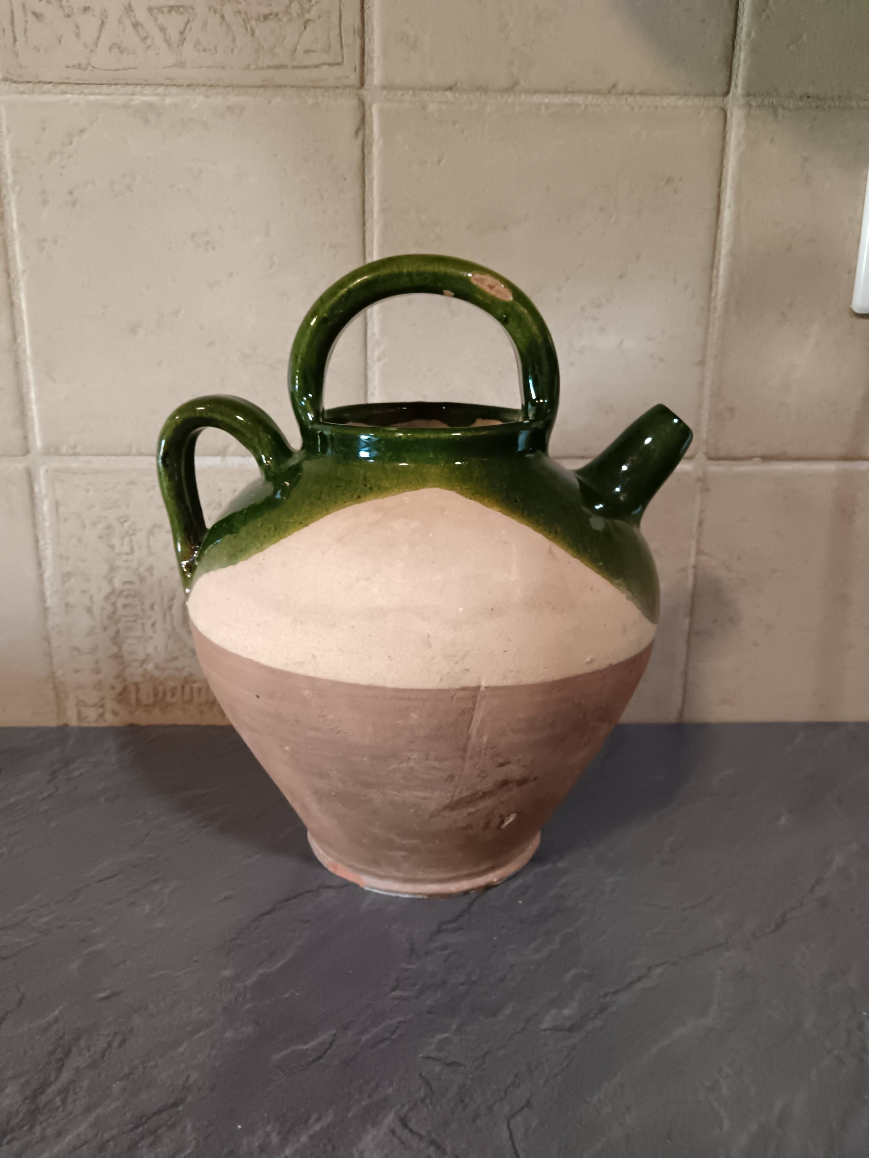 Cruche ancienne terre cuite émaillée verte XIXème siècle