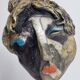 Signed raku ceramic mask, on wooden base – Expressive sculpture 28 cm