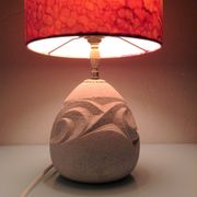 Ovoid lamp in carved stone and printed lampshade / vintage 60-70s