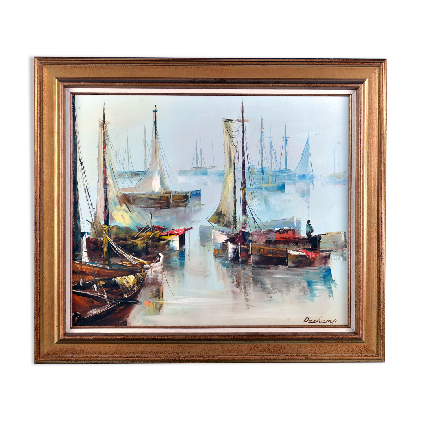 Marine painting, fishing boat in port
