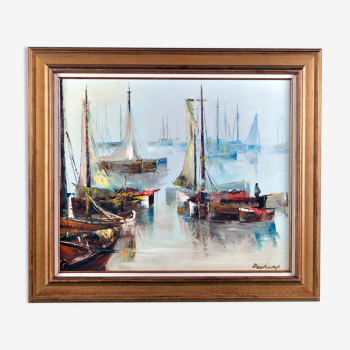 Marine painting, fishing boat in port