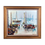 Marine painting, fishing boat in port