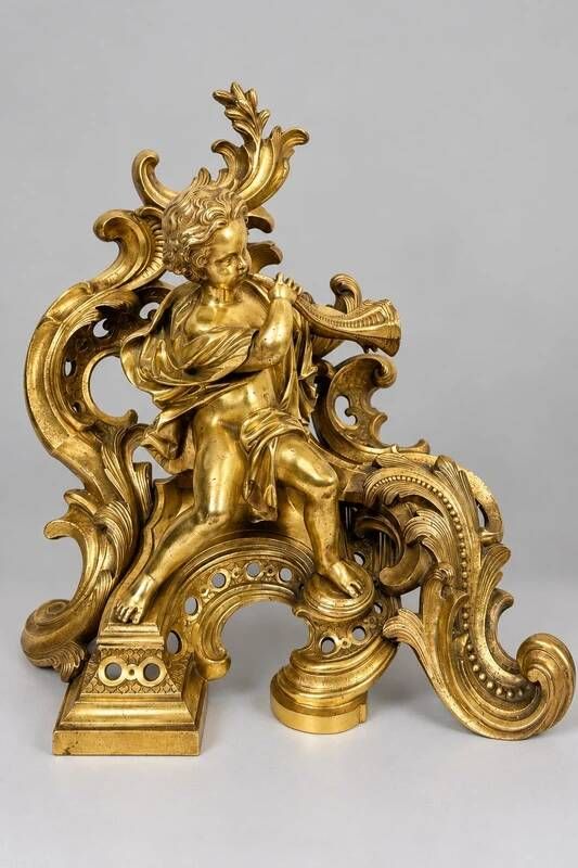 Pair of gilded bronze fire dogs Louis XV, musician putti