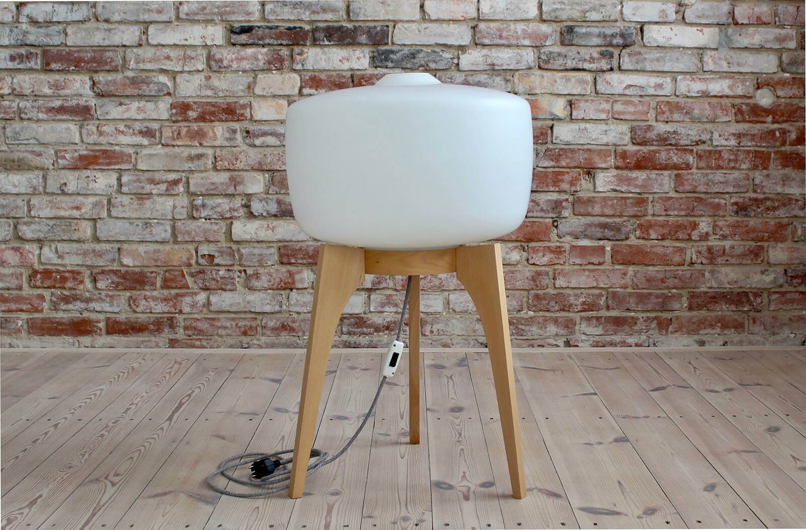 Floor Lamp, White Glass Lampshade, Wooden Base, Space Age, Midcentury