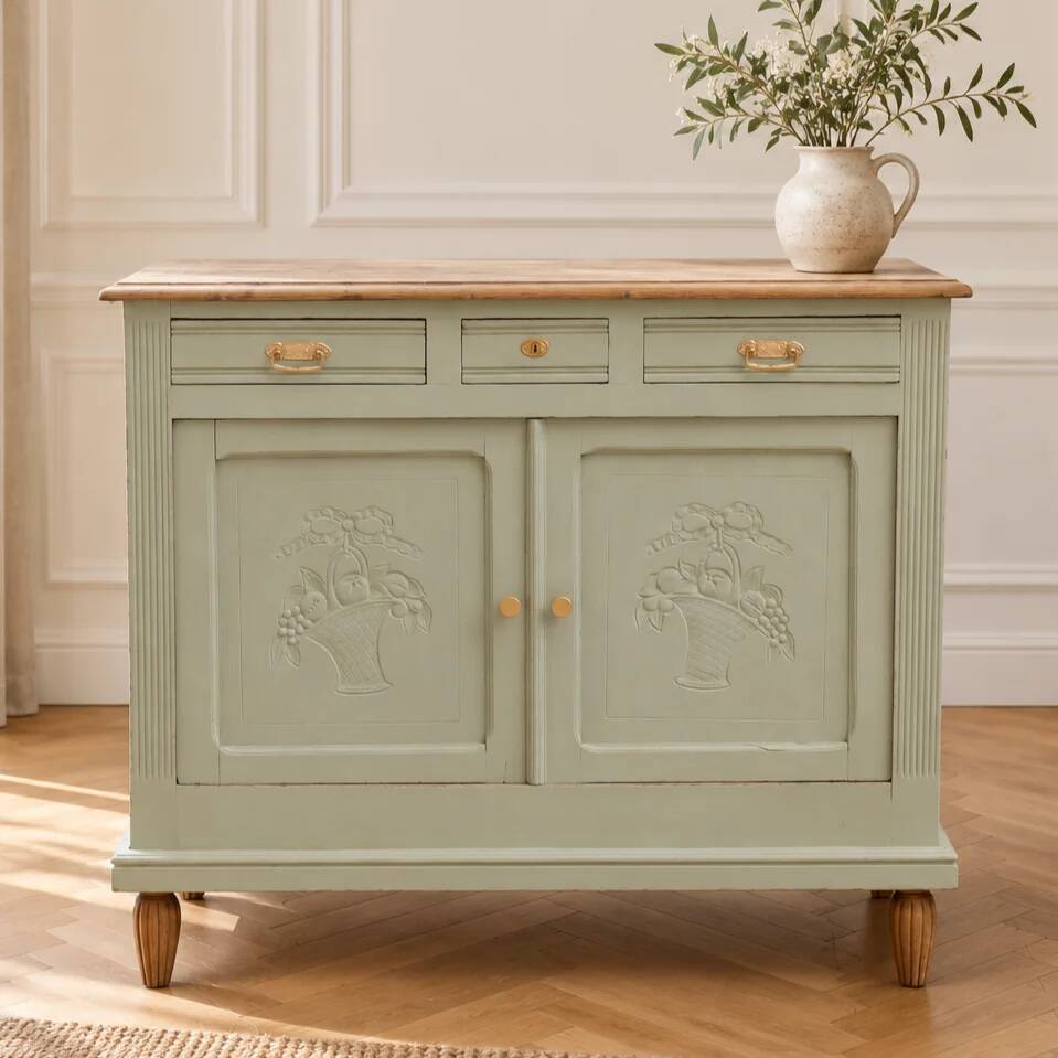 Antique art deco buffet in solid oak – pure lizard green & paint and natural wood – 121 cm