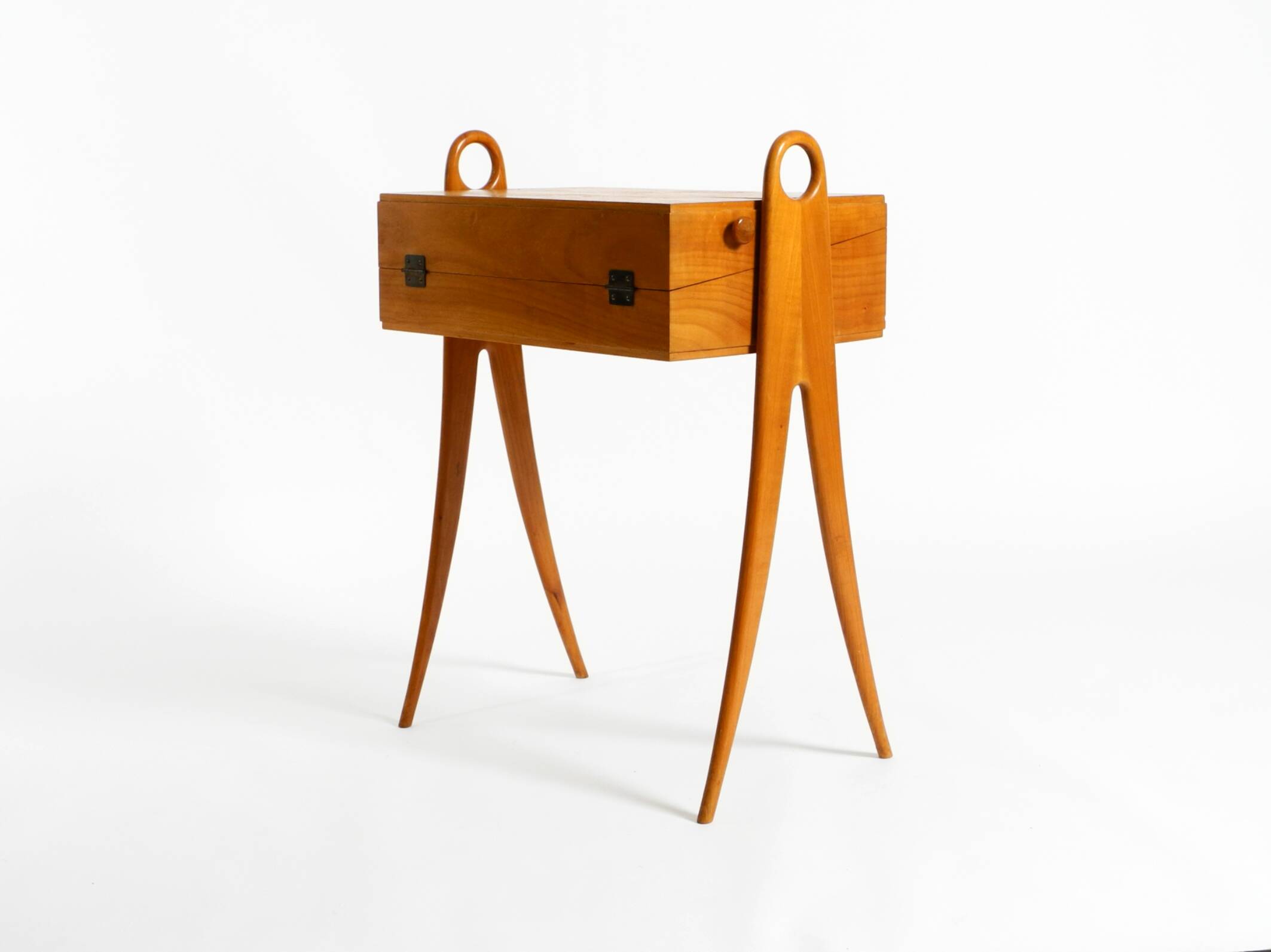1950s ash wood sewing box, with a hinged top, multiple compartments