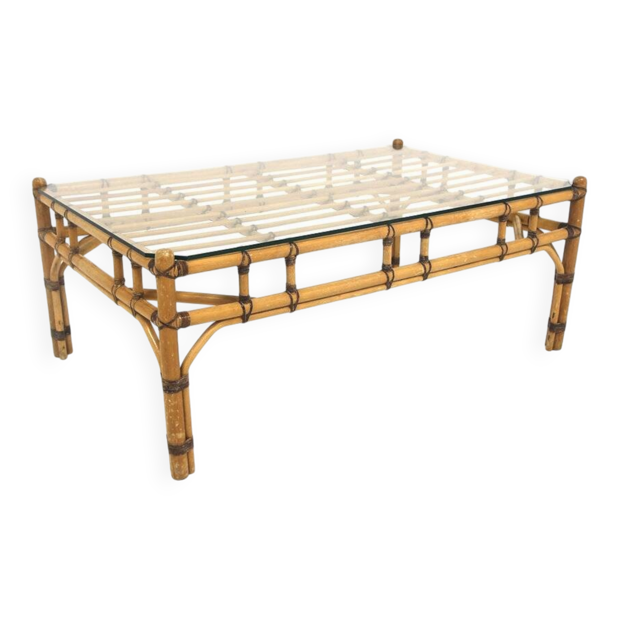 Table basse scandinave en verre et en rotin, Suède, 1970