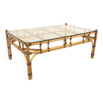 Table basse scandinave en verre et en rotin, Suède, 1970