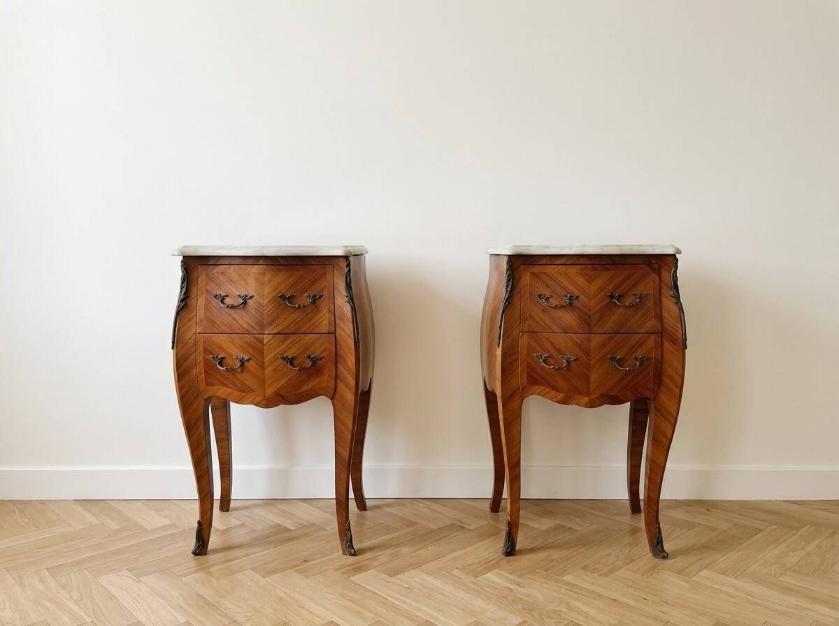 Pair of antique Louis XV bedside tables in marquetry and marble.