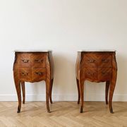 Pair of antique Louis XV bedside tables in marquetry and marble.