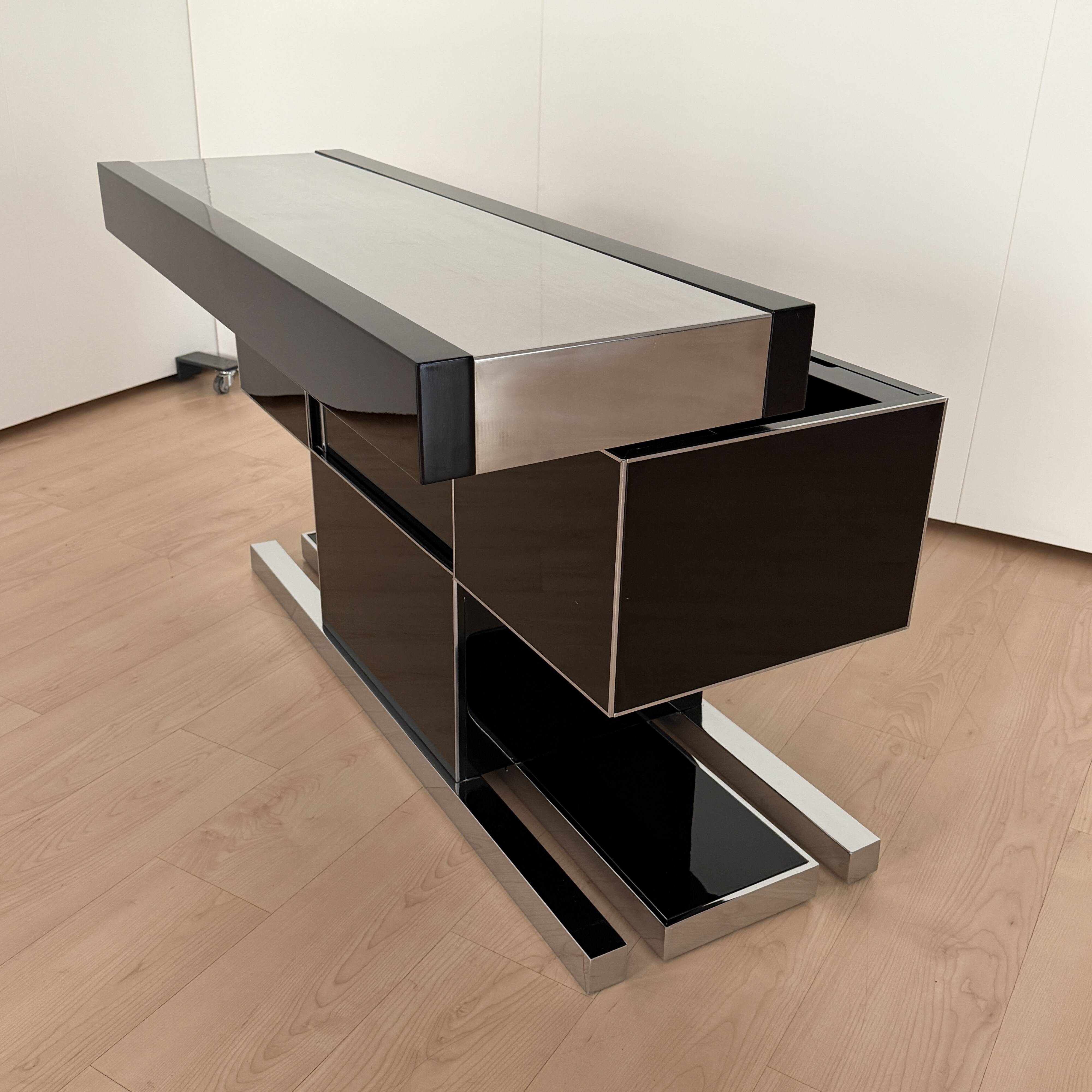 Willy Rizzo Dry Bar, Black Lacquer, Chrome, Leather, Italy circa 1970