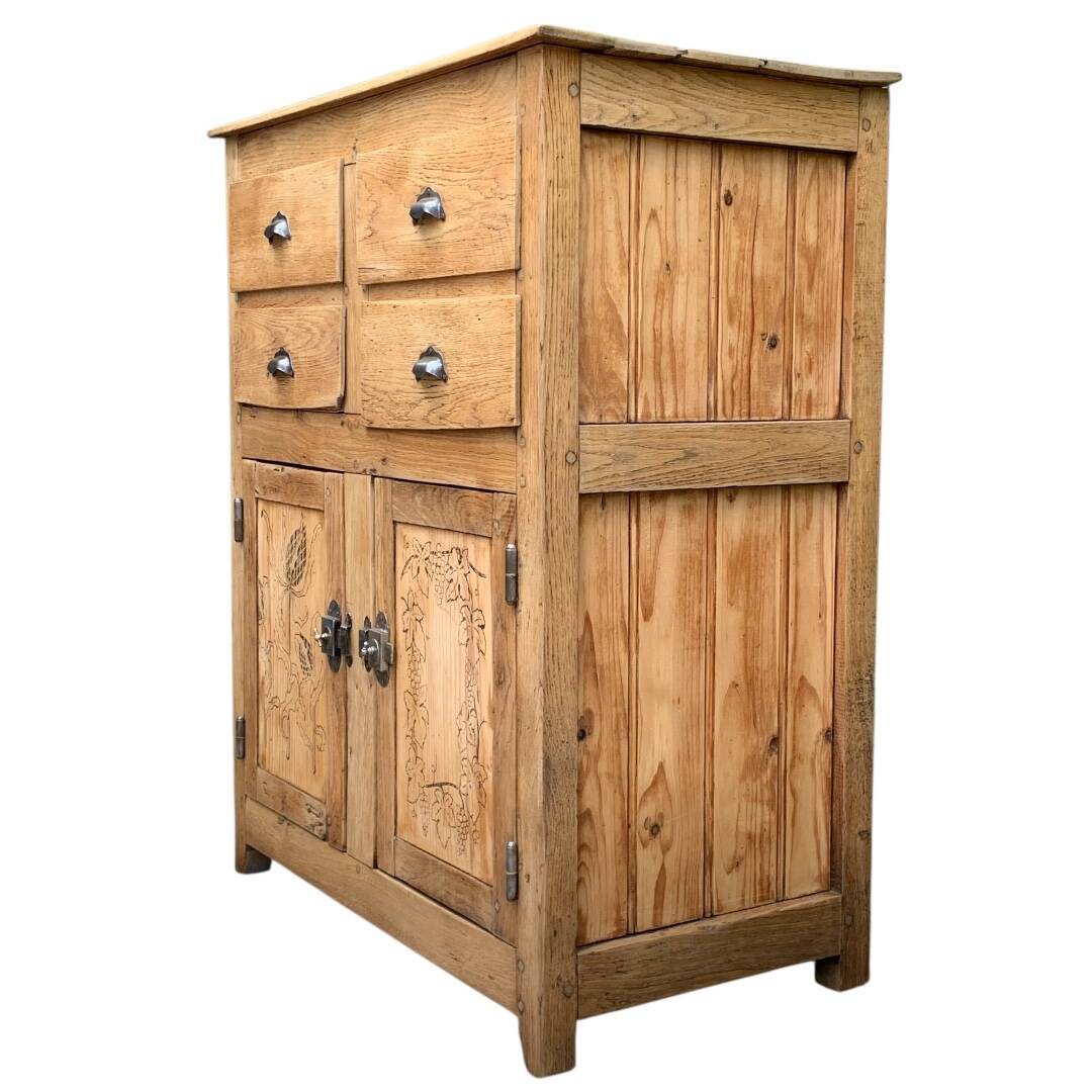 Parisian art deco sideboard in solid raw wood with pyrographed decorations, 1929