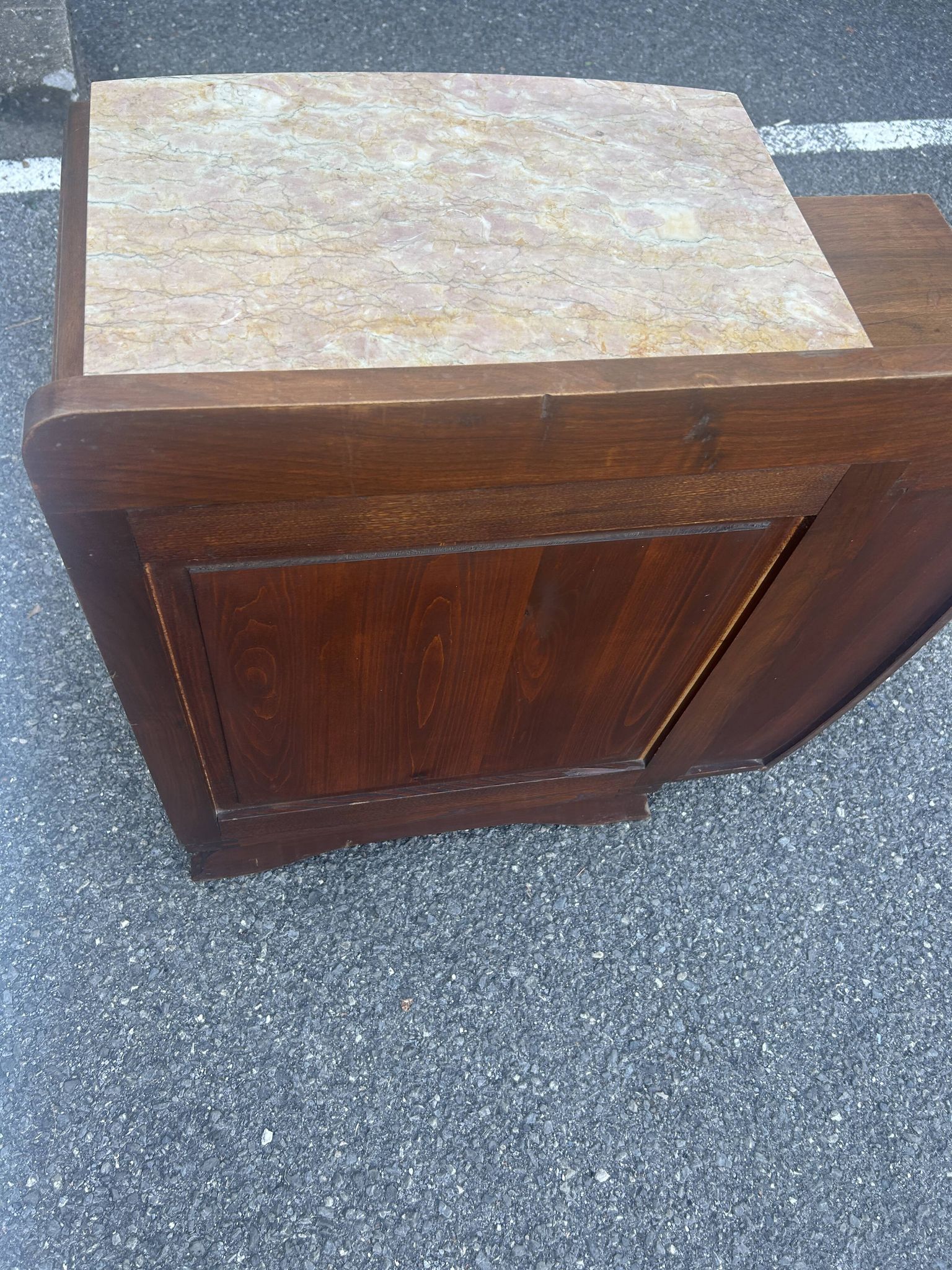Art Deco bedside table in flamed walnut, marble top – 1930s