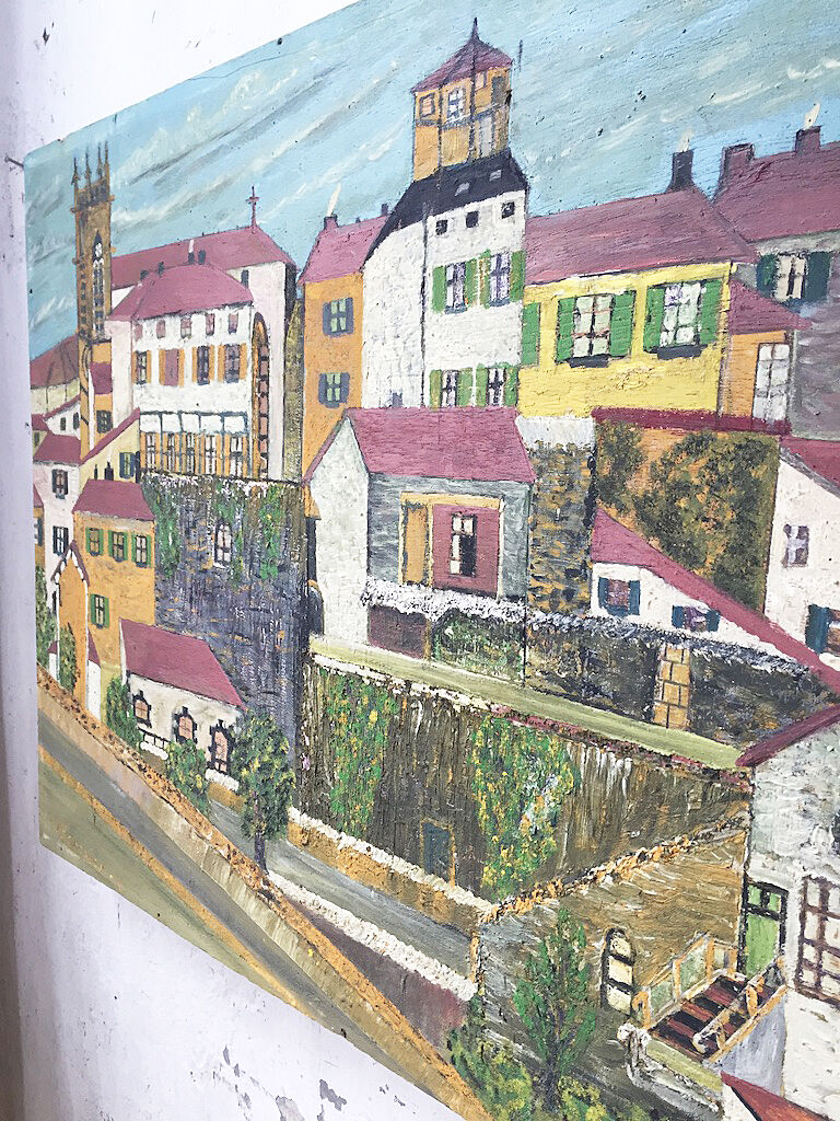 Huile sur bois « ville » Bernier