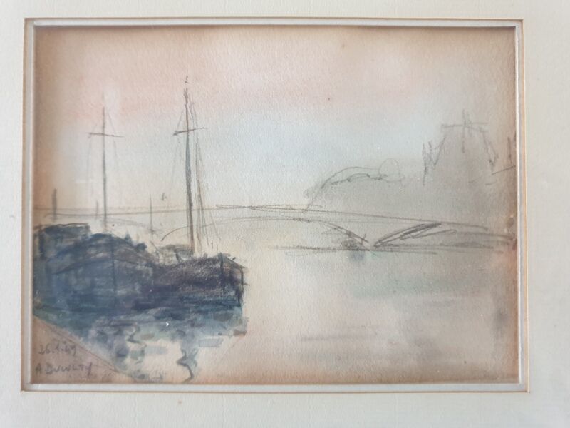 André Duculty (1912-1990) Charcoal and watercolor on paper "Evening mist on the Seine" Signed below