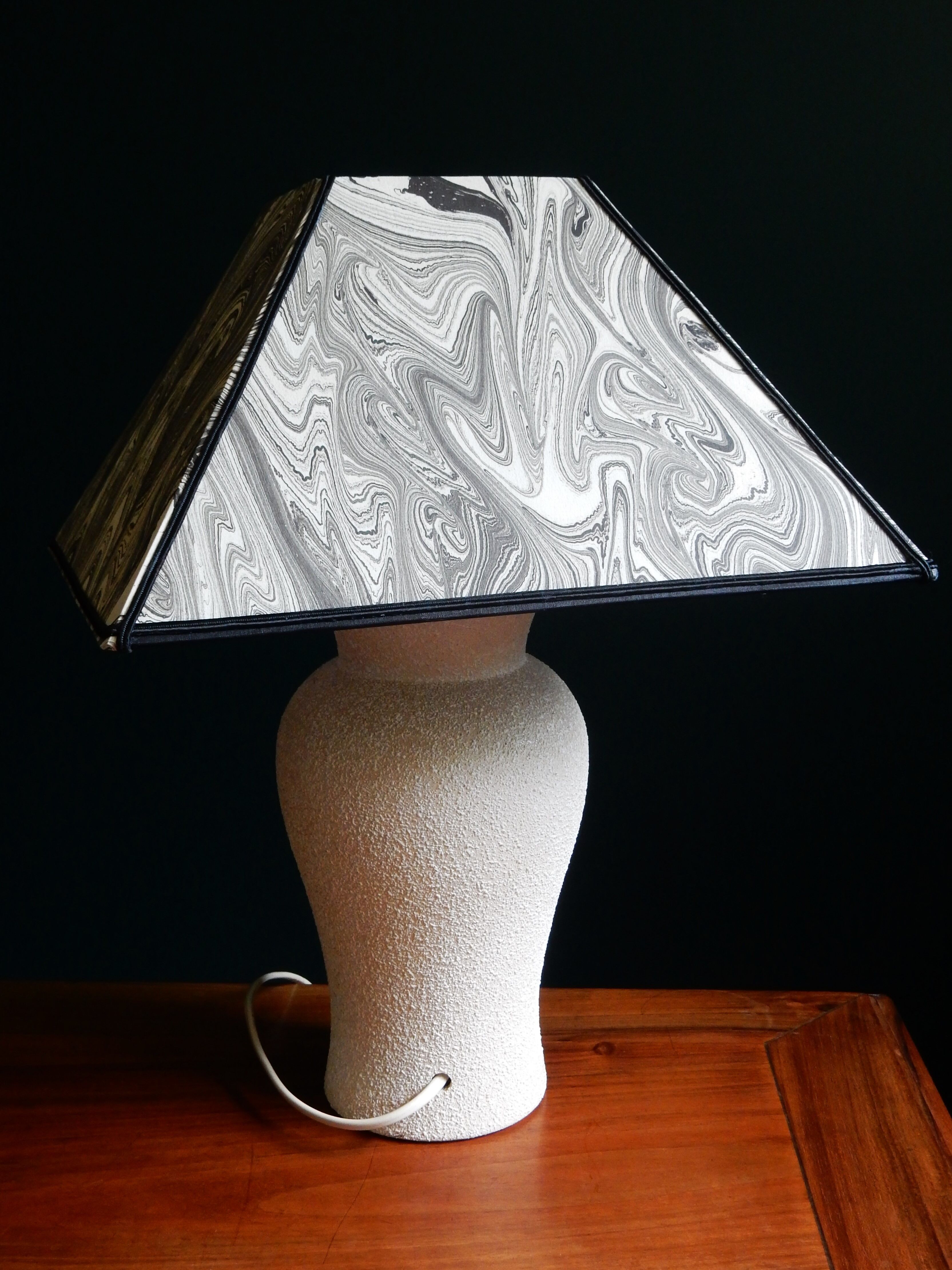Vintage granite foot lamp and pyramid lampshade in marbled paper